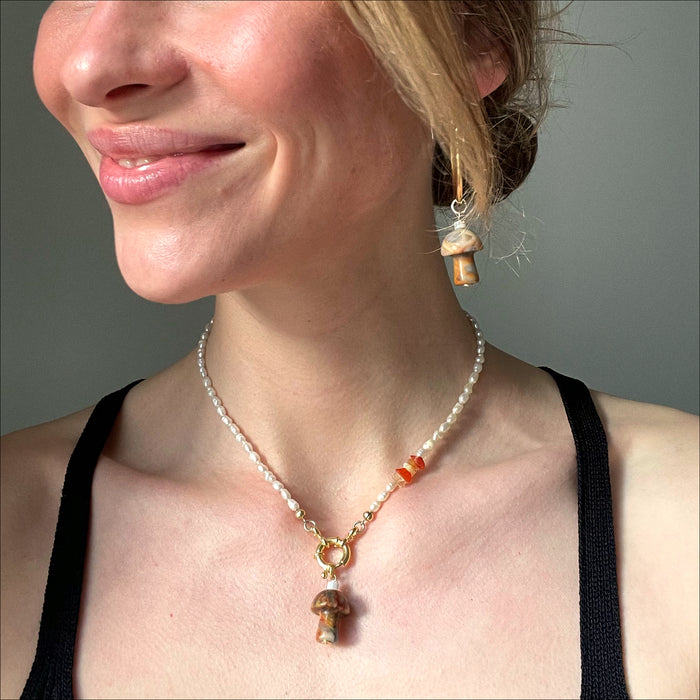 Mushroom Love Pendant Crazy Lace Agate - silver